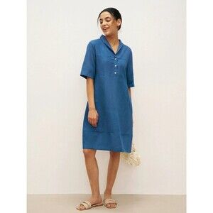 NWT Lintico Linen Dress Livia Blue Solid Pockets  Lagenlook V Neck Sz L